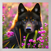 Schwarzer Wolf in rosa Blume