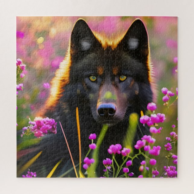 Schwarzer Wolf in rosa Blume Puzzle (Vertikal)