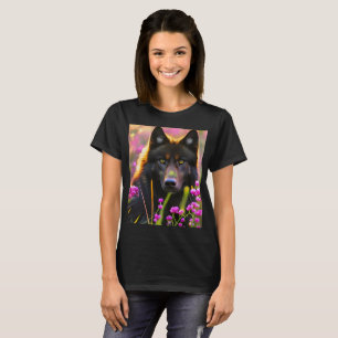 Schwarzer Wolf in rosa Blume T-Shirt