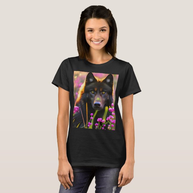 Schwarzer Wolf in rosa Blume T-Shirt (Vorne ganz)