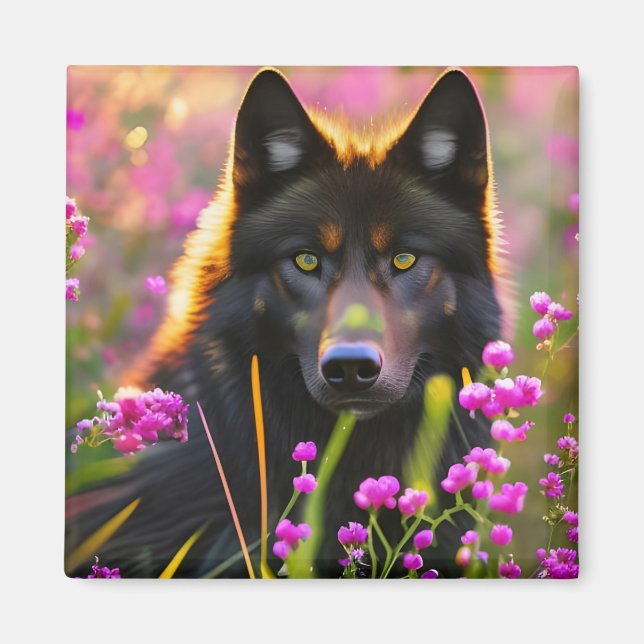 Schwarzer Wolf in rosa Blumen Magnet (Vorne)