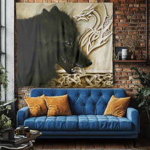 Schwarzer Wolf keltischer Drache Knotenwerk Fantas Wandteppich