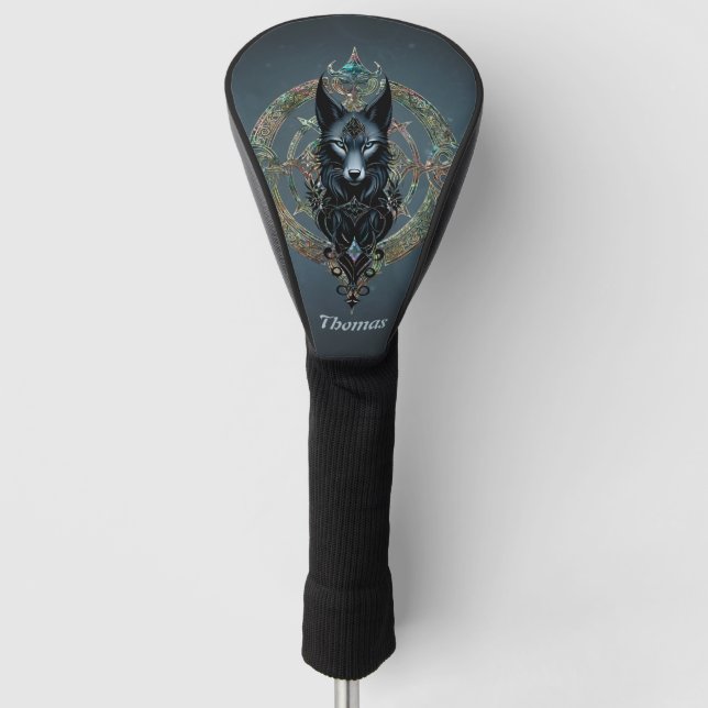 Schwarzer Wolf Kopf mit durchstechenden blauen Aug Golf Headcover (Vorderseite)