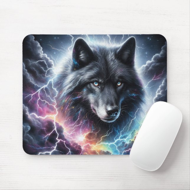 Schwarzer Wolf mit Blitz Mousepad (Mit Mouse)