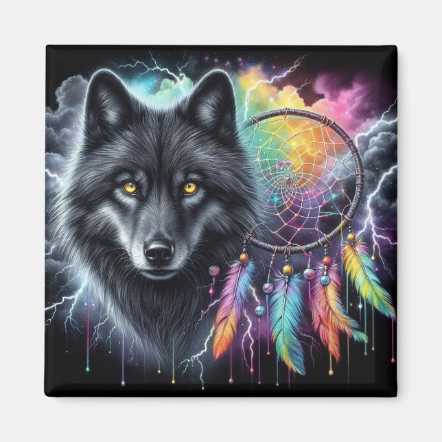 Schwarzer Wolf mit einem Dreamcatcher Magnet (Vorne)
