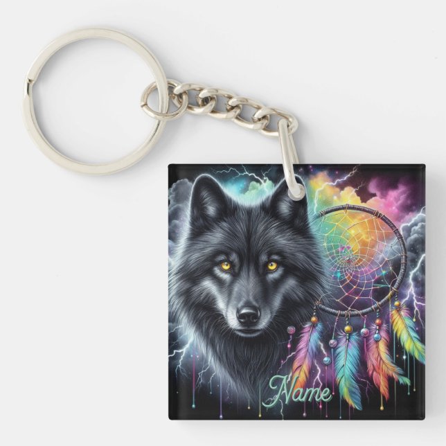 Schwarzer Wolf mit einem Dreamcatcher Schlüsselanhänger (Vorderseite)