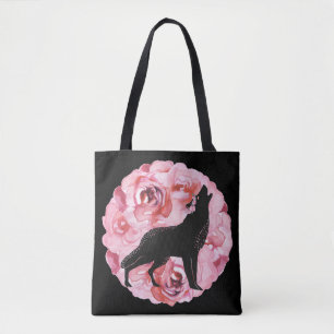 Schwarzer Wolf mit rosa Rosen-Taschen-Tasche