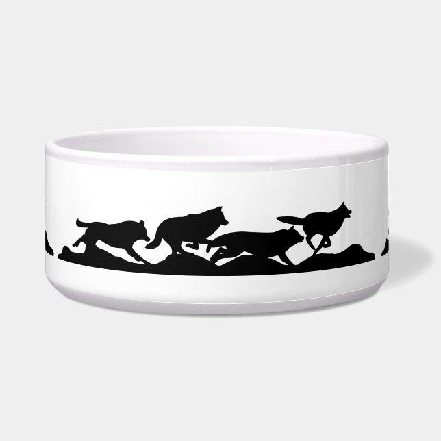 Schwarzer Wolf Silhouette Wild läuft mit dem Pack Napf (Vorderseite)