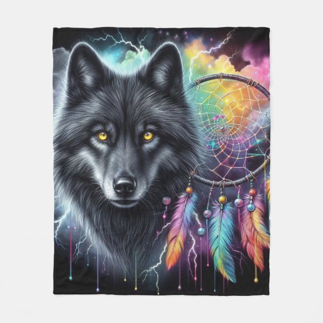 Schwarzer Wolf-Traumfänger Kosmischer Sturm Fleecedecke (Vorderseite)
