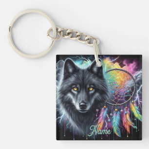 Schwarzer Wolf-Traumfänger Kosmischer Sturm Schlüsselanhänger