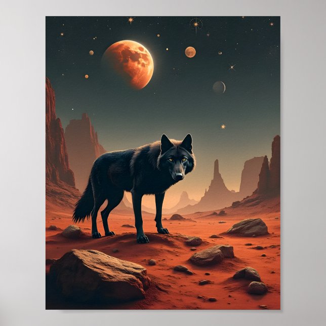 Schwarzer Wolf Unter Mars Landschaft Poster (Vorne)