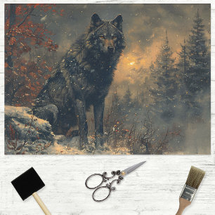 Schwarzer Wolf während der Wintermalerei Dekoupage Seidenpapier