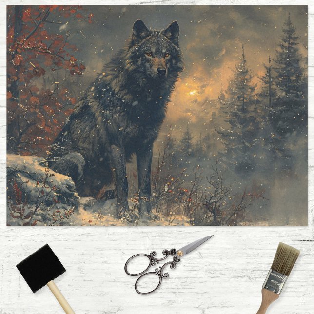 Schwarzer Wolf während der Wintermalerei Dekoupage Seidenpapier (Von Creator hochgeladen)