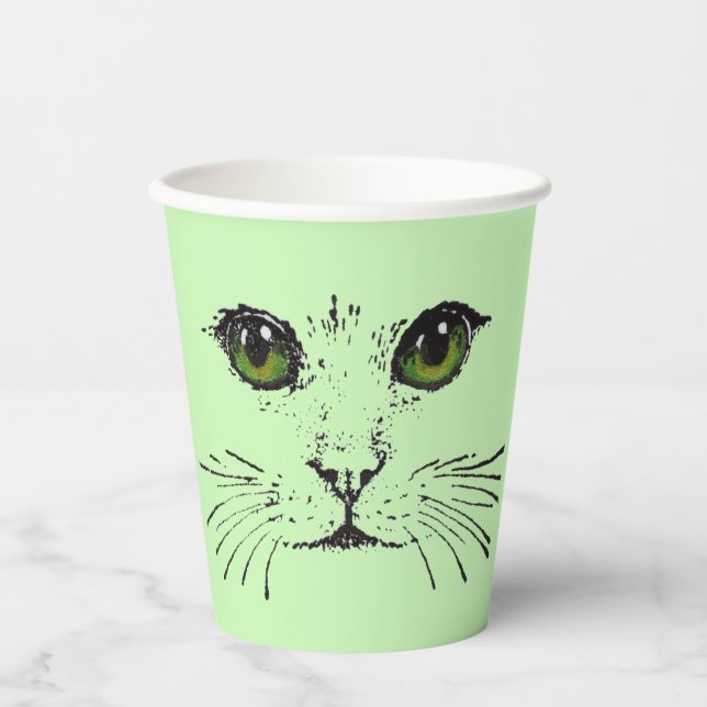 Schwarzer Zeichn von Cat Face Whiskers Green Eyes Pappbecher (Vorderseite)