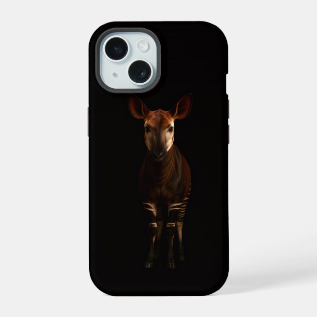 Schwarzes 4 Luxe iPhone 15 Case, Wald Okapi Hülle (Rückseite)