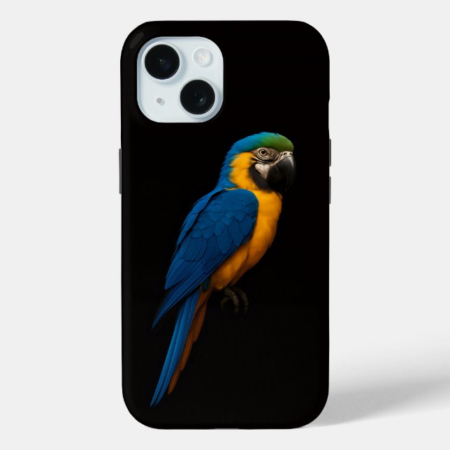 Schwarzes 4 Luxe iPhone 15 Mate, Blau Gelbe Ara Case-Mate iPhone Hülle (Rückseite)