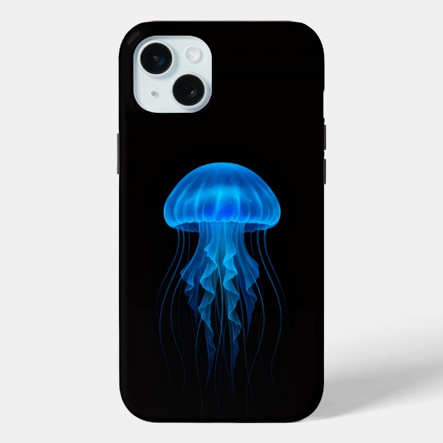Schwarzes 4 Luxe iPhone 15 Plus, Neonblaue Qualle Case-Mate iPhone Hülle (Rückseite)