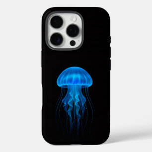 Schwarzes 4 Luxe iPhone 16 Pro, Neonblaue Qualle Pro Hülle