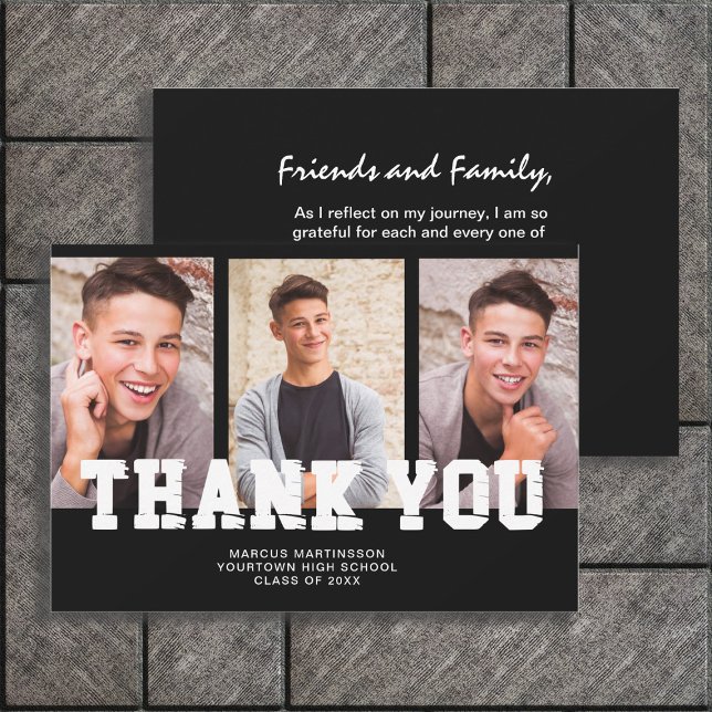 Schwarzes Abschluss 3 Foto Danke  (Black and white 3-photo graduation "Thank You" card.)