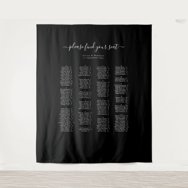 Schwarzes alphabetisches Hochzeitssitzplan-Backdro Wandteppich (Vorderseite)
