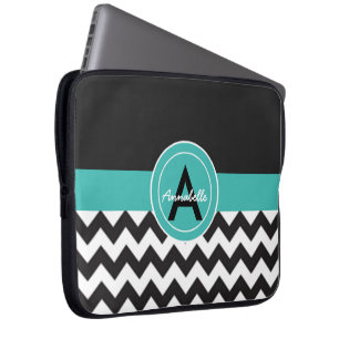 Schwarzes aquamarines Zickzack Laptopschutzhülle