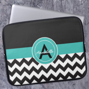 Schwarzes aquamarines Zickzack Laptopschutzhülle