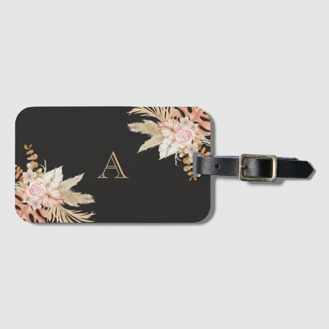 Schwarzes Aquarellfarben Monogram Pink-Blume Gepäckanhänger (Vorderseite (Horizontal))