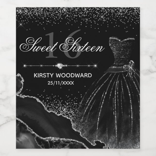 Schwarzes Aquarellkleid & Silberner Glitzer Sweet  Weinetikett (Einzelnes Label)