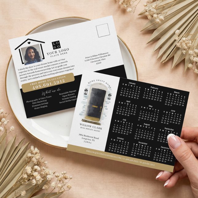 Schwarzes Aquarelltor Real Anwesen Kalender 2024 Postkarte (Black Watercolor Door Real Estate Calendar 2026 Postcard)