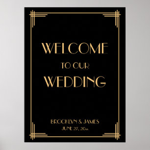 Schwarzes Art Deco Hochzeitsempfangsschild im Stil Poster