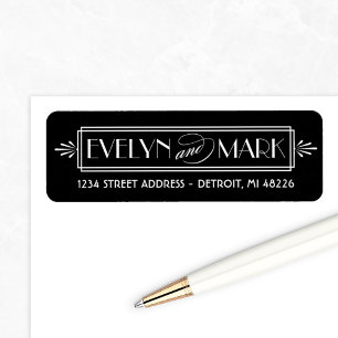 Schwarzes Art Deco Hochzeitsmonogramm Adressetiket