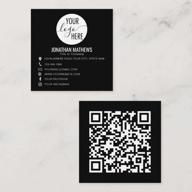 Schwarzes Basic Professional Firmenlogo QR-Code Quadratische Visitenkarte (Vorne/Hinten)