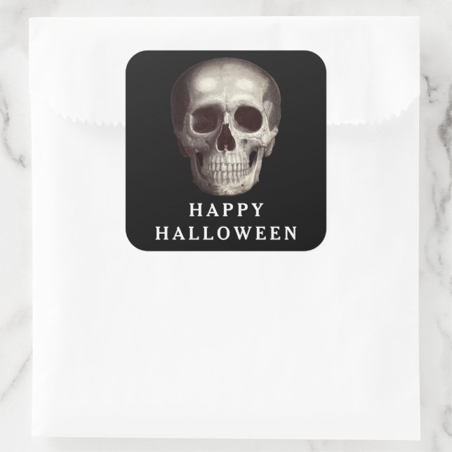 Schwarzes Beängstigendes Schädelerull Halloween Quadratischer Aufkleber (Tasche)