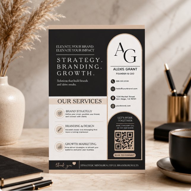 Schwarzes Beige Luxus-QR-Code Termin-Erinnerung Flyer (Black Beige Luxury QR Code Appointment Reminder Flyer)