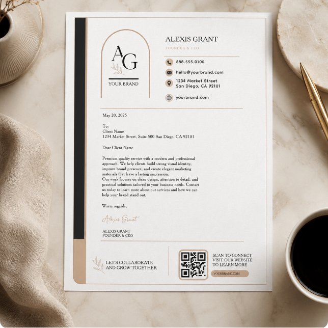 Schwarzes Beige Luxus QR-Code Terminerinnerung Briefbogen (Black Beige Luxury QR Code Appointment Reminder Letterhead)
