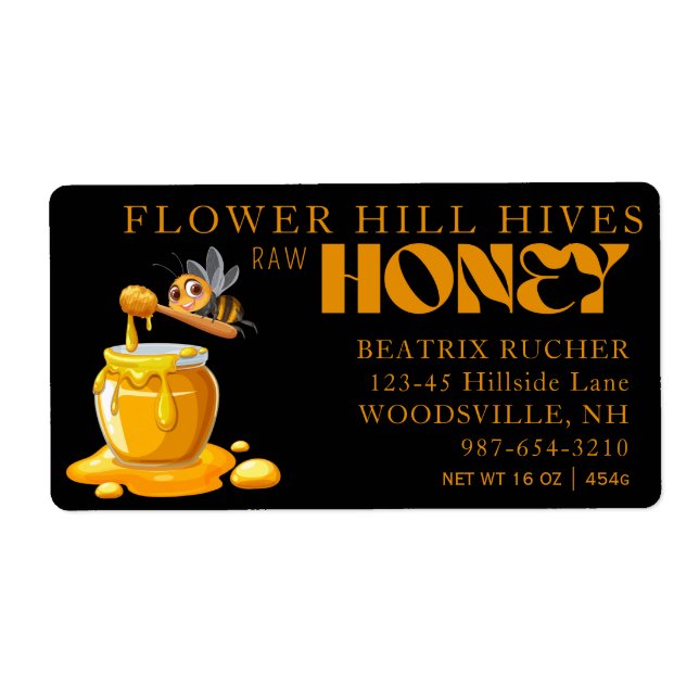 Schwarzes Bienenhonig-Label Metallisch Gold Text  (Vorne)
