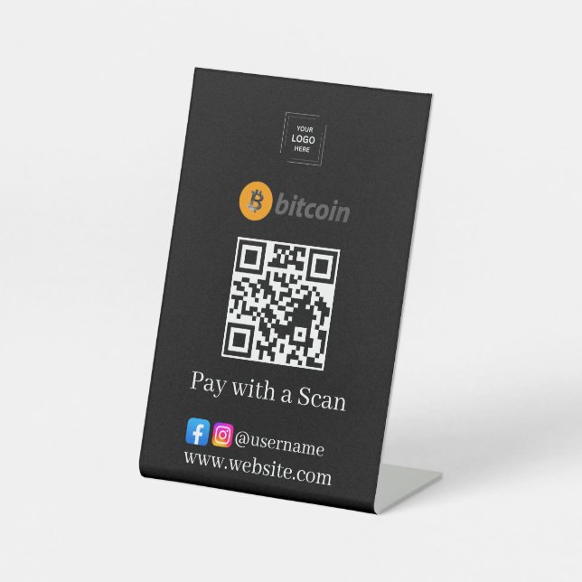 Schwarzes Bitcoin-QR-Code-Scan-to-Pay-Podestschild Sockelschild (Vorderseite)