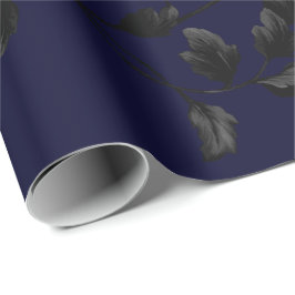 Schwarzes Blatt-Blumenrebe-Muster auf Marine-Blau Geschenkpapier
