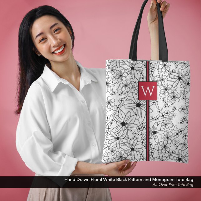 Schwarzes Blatt, handgezeichnet, floralweiß und Mo (All-Over-Print Tote Bag: Hand Drawn Floral Pattern in White and Black with Monogram in Red)