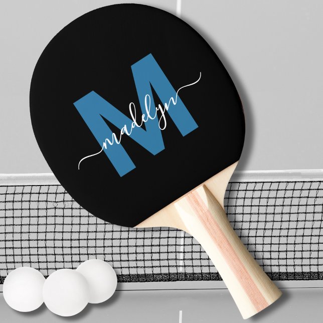 Schwarzes Blau Elegantes Schriftzug-Monogramm Tischtennis Schläger (Black Blue Elegant Script Name Monogram Ping Pong Paddle)