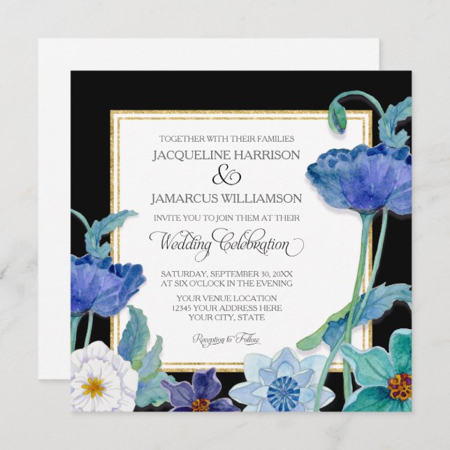 Schwarzes Blau, Weiß, Blumenmohn Einfach Einladung (Vorne/Hinten)