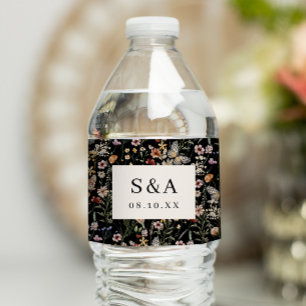 Schwarzes Blumen Hochzeit Wasserflaschenetikett