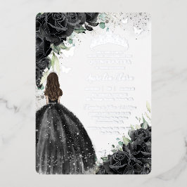Schwarzes Blumenkleid Quinceañera Sweet 16 XV Silb Folieneinladung