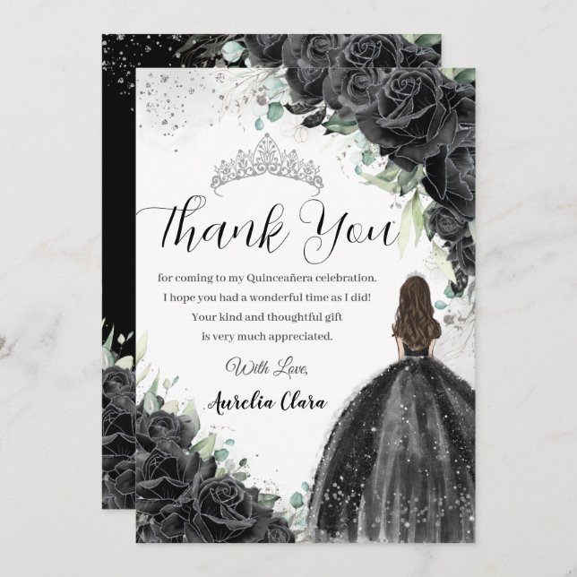 Schwarzes Blumenkleid Silver Quinceañera Sweet 16  Dankeskarte (Vorne/Hinten)
