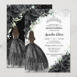 Schwarzes Blumenkleid Silver Quinceañera Sweet 16 Einladung