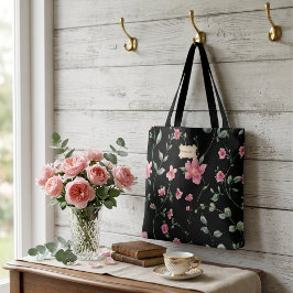 Schwarzes Blumenmuster mit rosa Blüten Trendy Klas