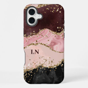 Schwarzes Blush-Gold-Glitter-Achat-Monogramm iPhone 16 Plus Hülle