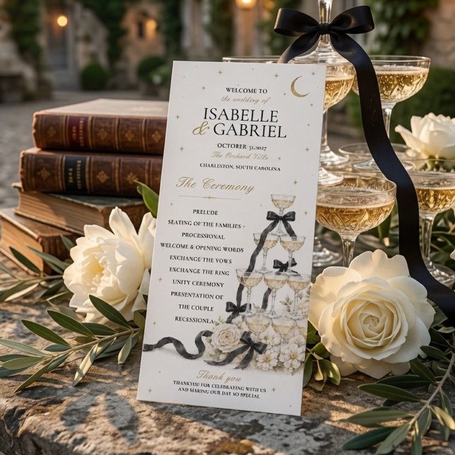 Schwarzes Bogen Champagner-Turm Hochzeitsprogramm  Menükarte (Von Creator hochgeladen)
