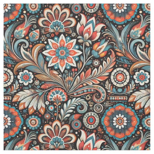 Schwarzes Bohemisches Blumengewebe Stoff (Nahaufnahme)