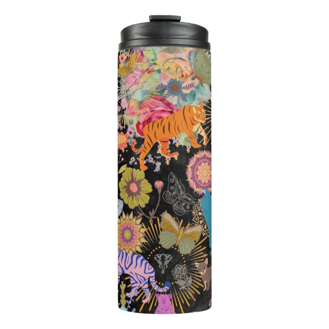 Schwarzes Boho-Blumen-Naturmuster Botanisch Thermosbecher (Vorderseite)